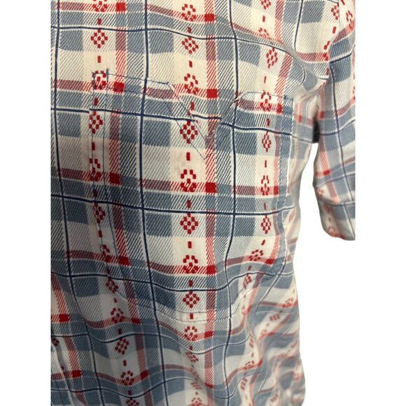Adrian Delafield Blouse M Button Up short sleeve pocket plaid red whit blue - Picture 9 of 11